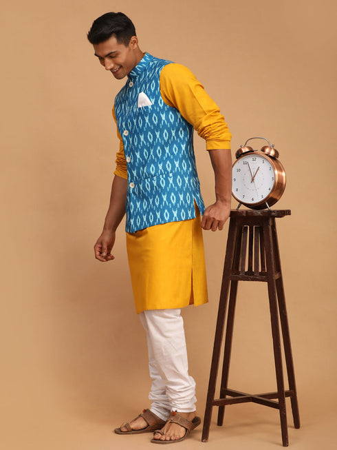 Vastramay Men's Turquoise Ikkat Printed Cotton Nehru Jacket With Mustard Kurta And White Pyjama Set